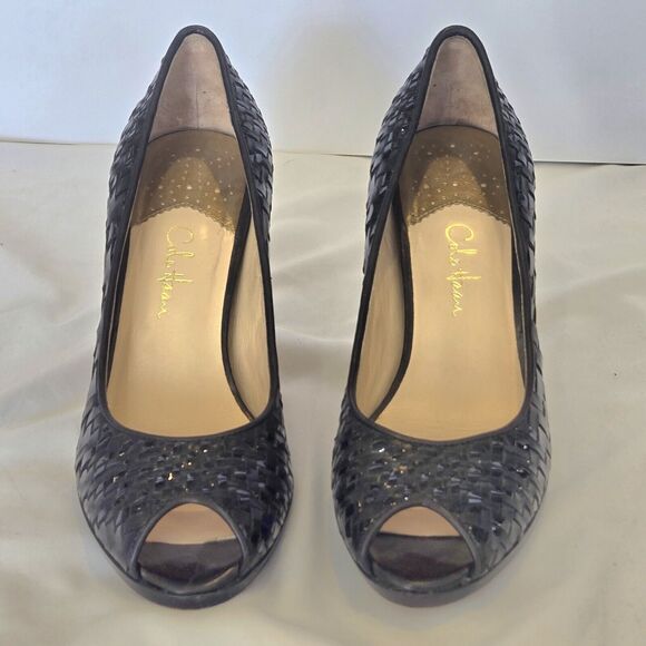 COLE HAAN Genevive Nikeair black woven leather peep toes heel shoes size 7B - Picture 4 of 7